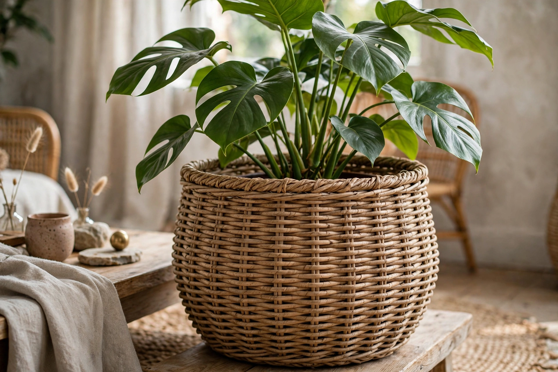 Large woven basket used as a planter cover for a leafy houseplant