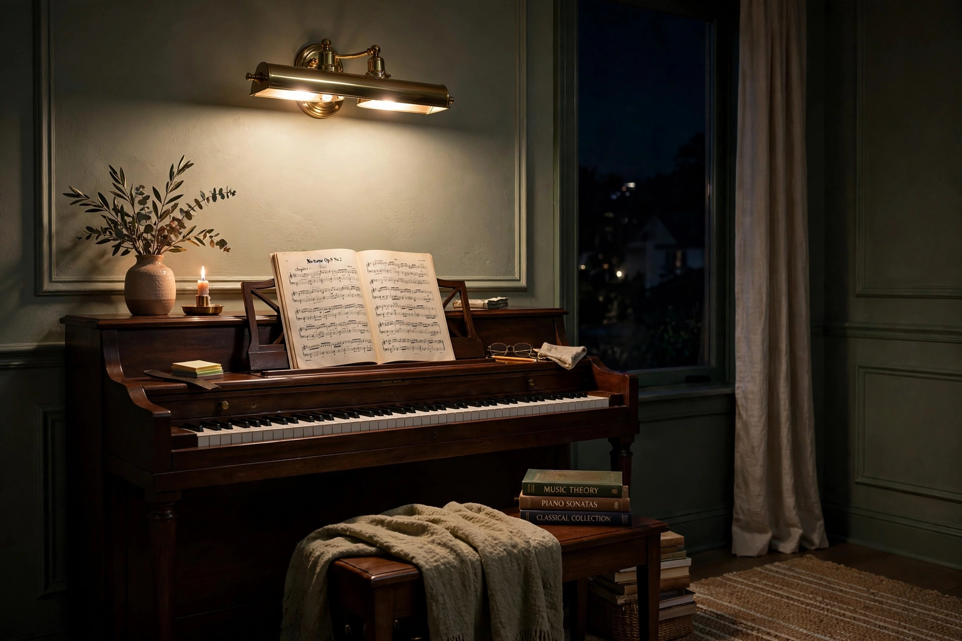 Brass picture light illuminating a piano music corner at night