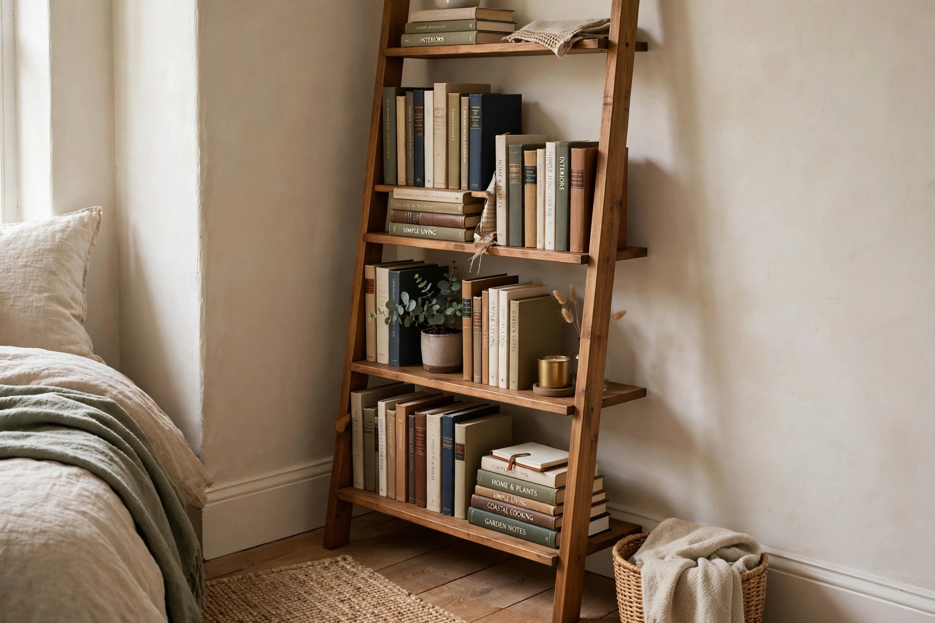 Wooden ladder shelf with books tucked into a small bedroom corner