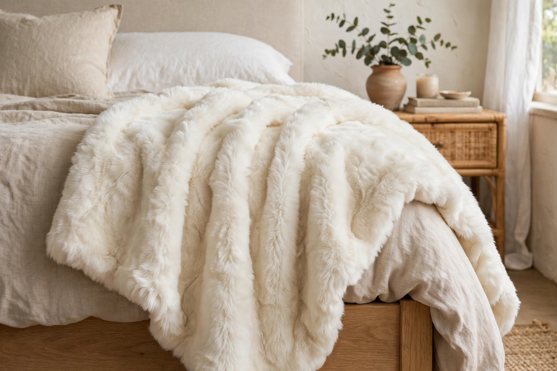 Ivory faux fur throw blanket draped over the corner of a bed