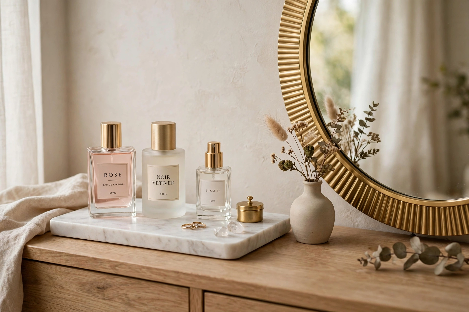 Vanity tray with perfume bottles and bud vase beside a mirror