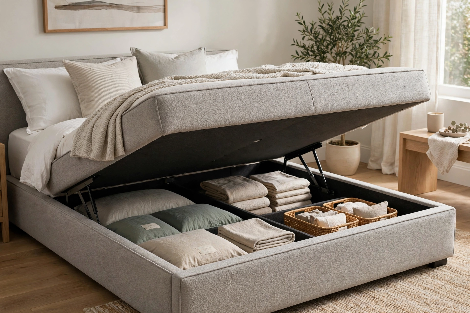 Sleek upholstered ottoman bed with hidden lift-up storage compartment