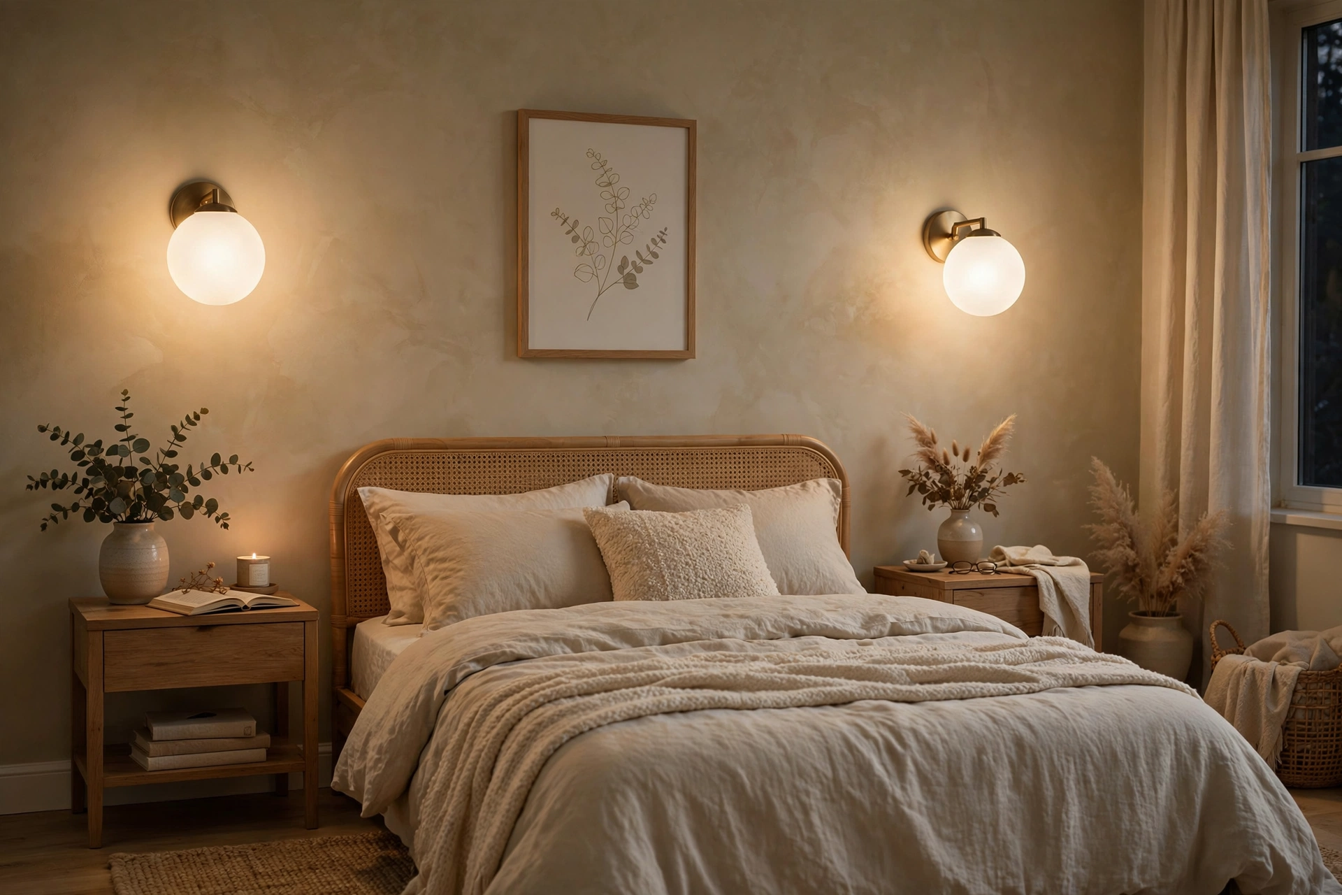 Frosted globe wall sconces casting soft diffused light in a bedroom