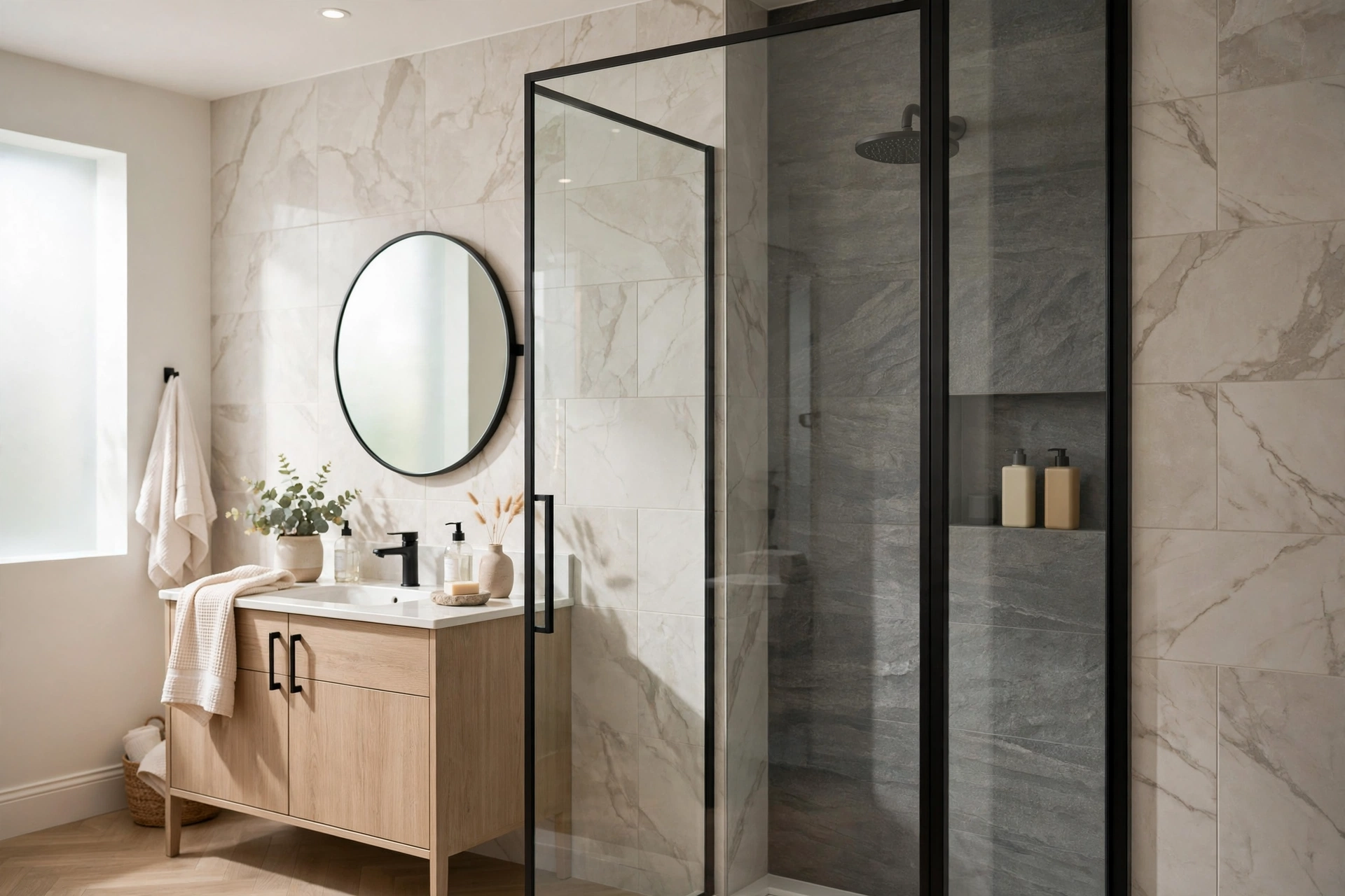 Semi frameless glass shower door with slim metal frame edges