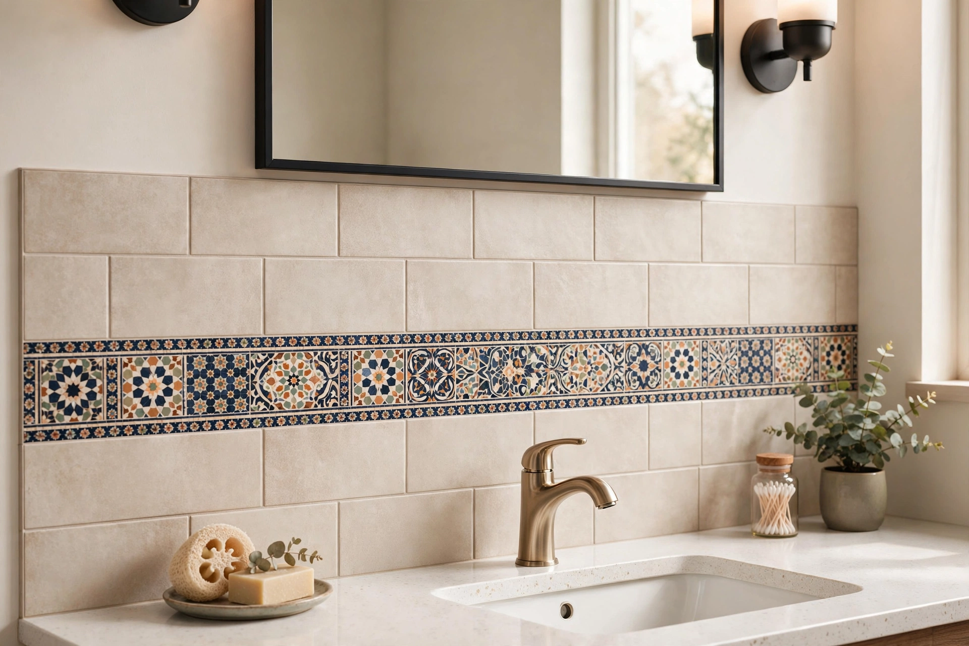 Mosaic accent strip of patterned tile running through a bathroom backsplash