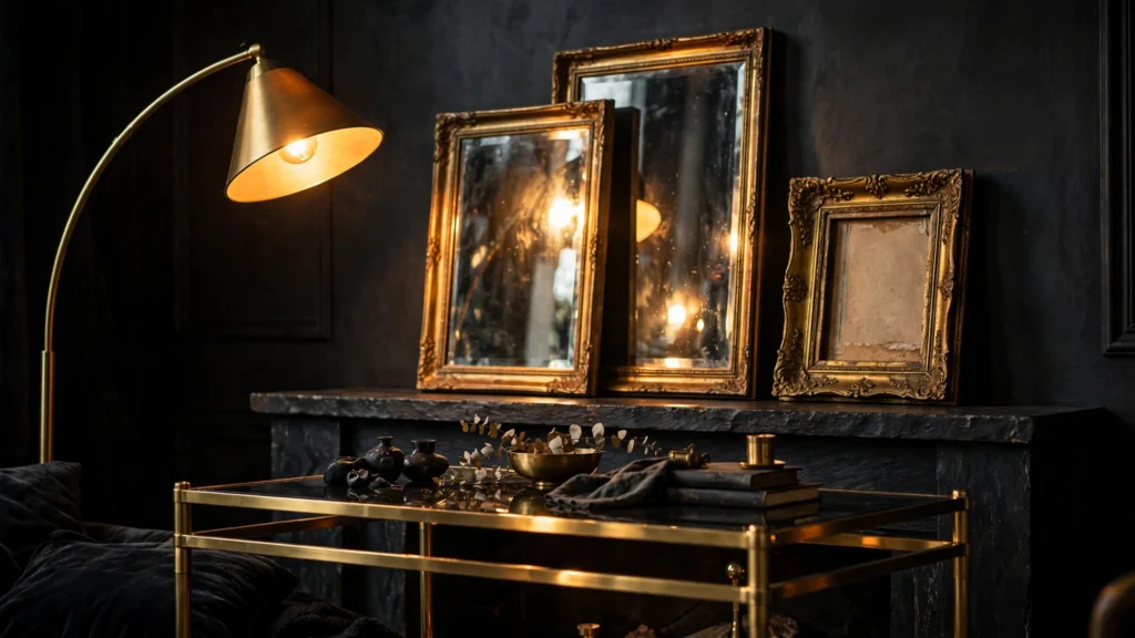Brass arc floor lamp and gold-frame mirrors reflecting warm light in a dark living room