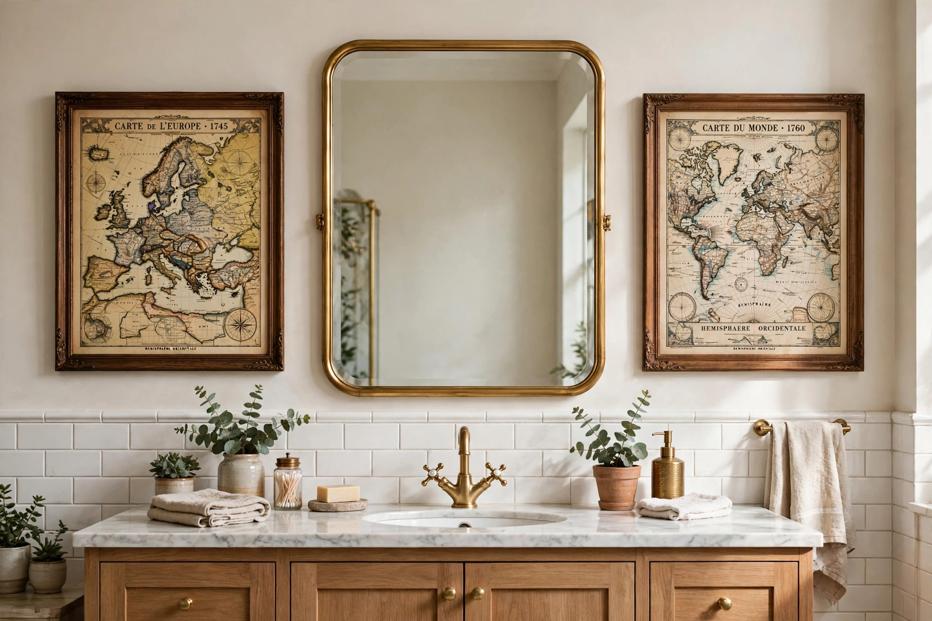 Vintage map art in classic frames flanking a bathroom mirror