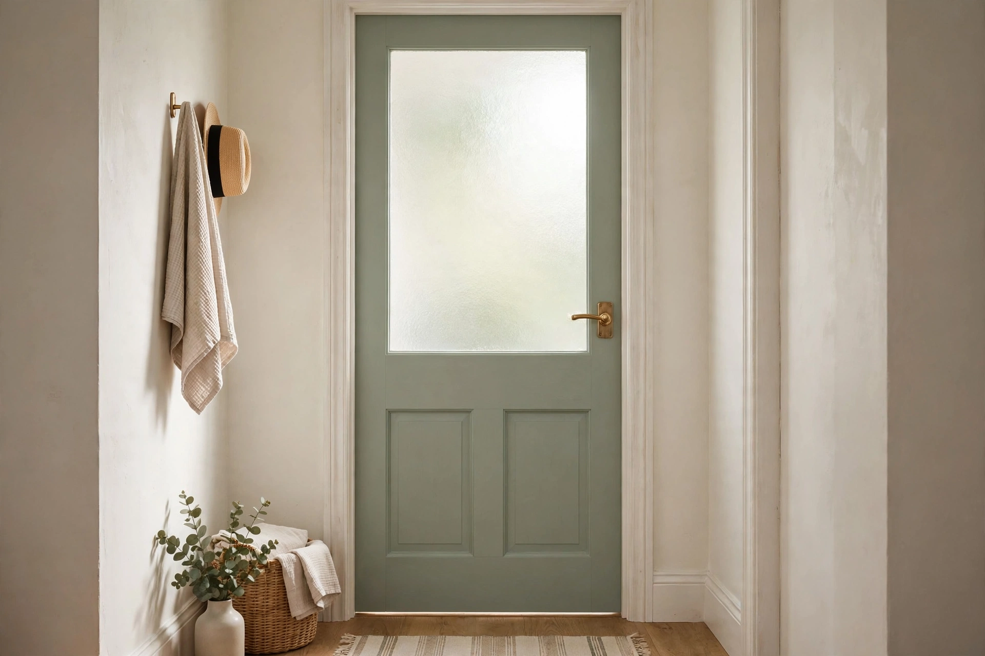 Bathroom door with a frosted glass insert letting in soft daylight
