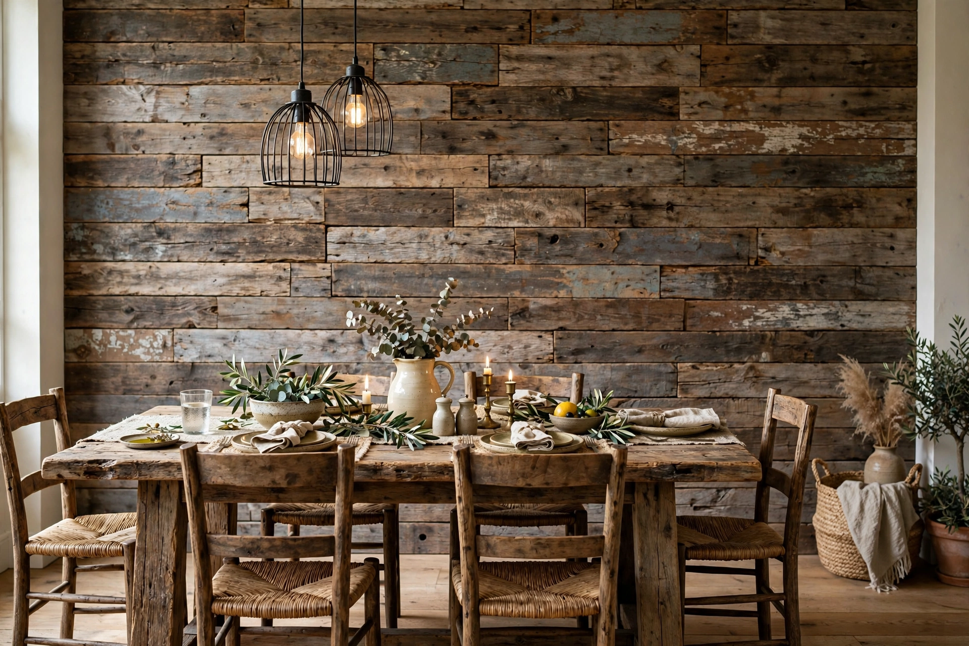 Reclaimed wood plank accent wall behind a rustic dining table