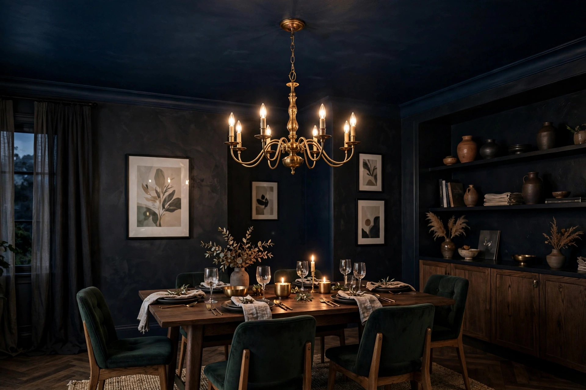 Moody dining room with a deep navy painted ceiling and brass fixture