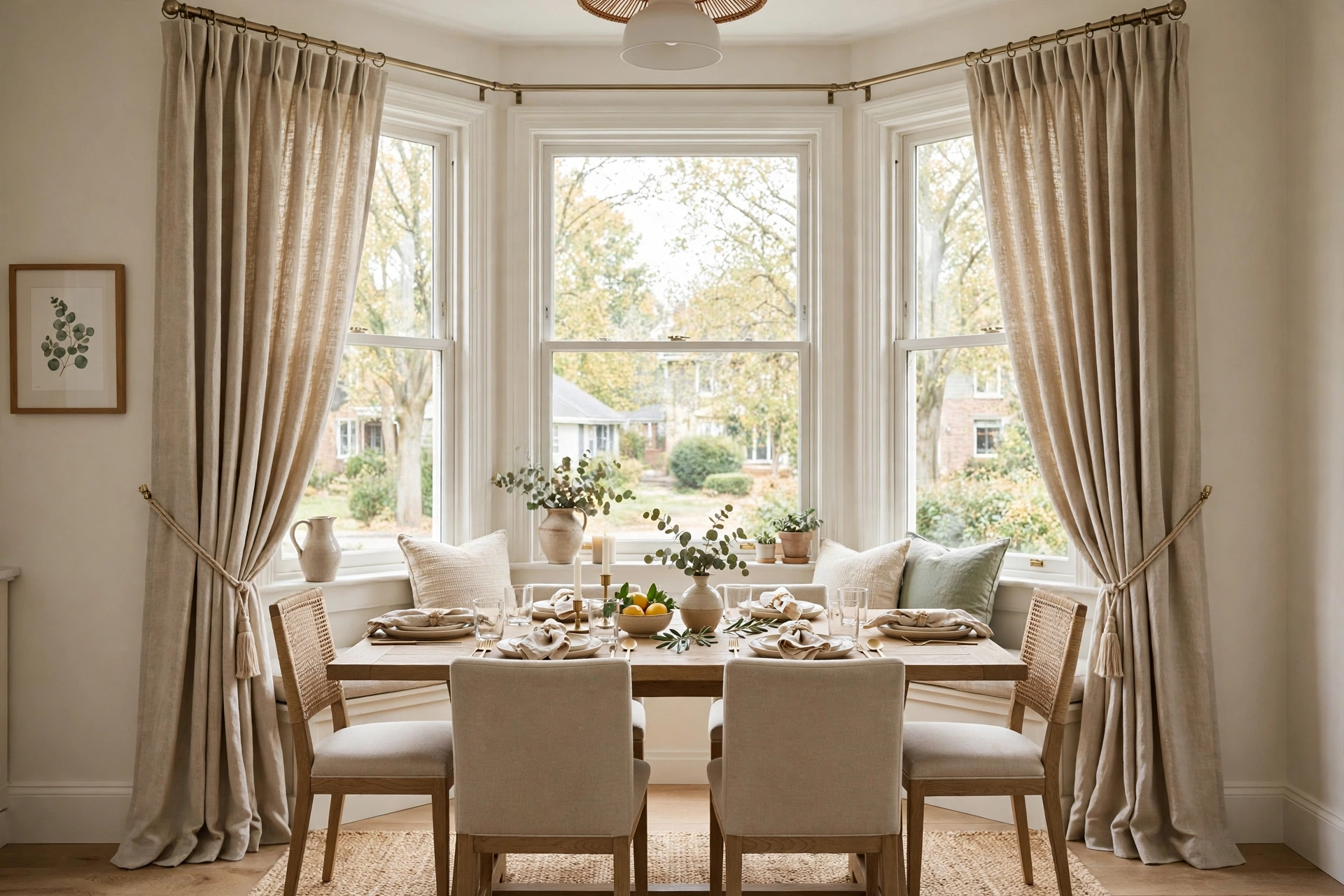 Floor length linen curtains framing a dining room bay window
