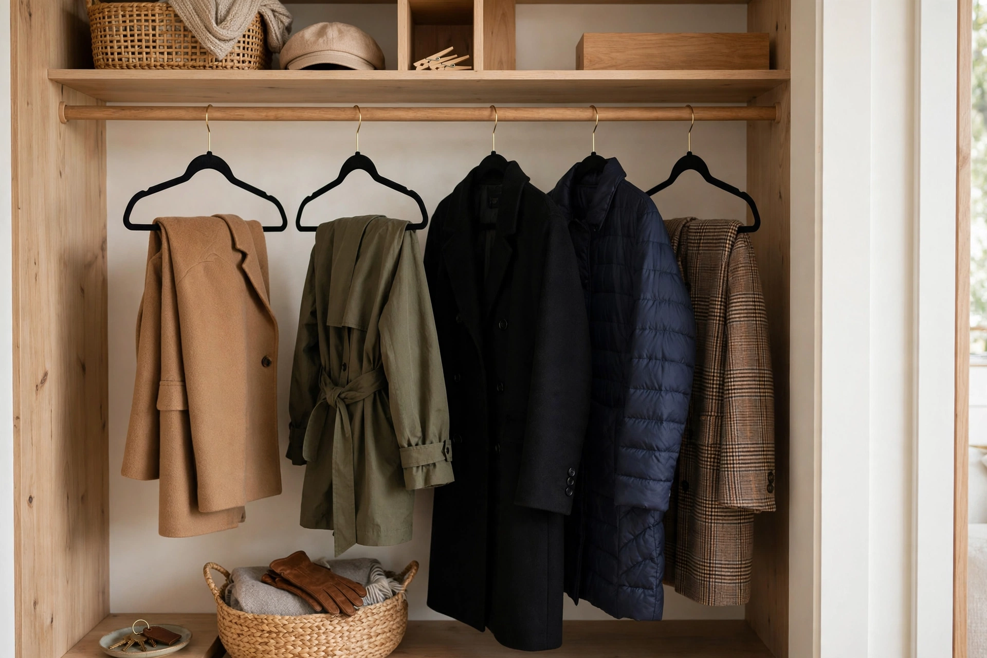 Row of slim matching velvet hangers with coats in an entry closet