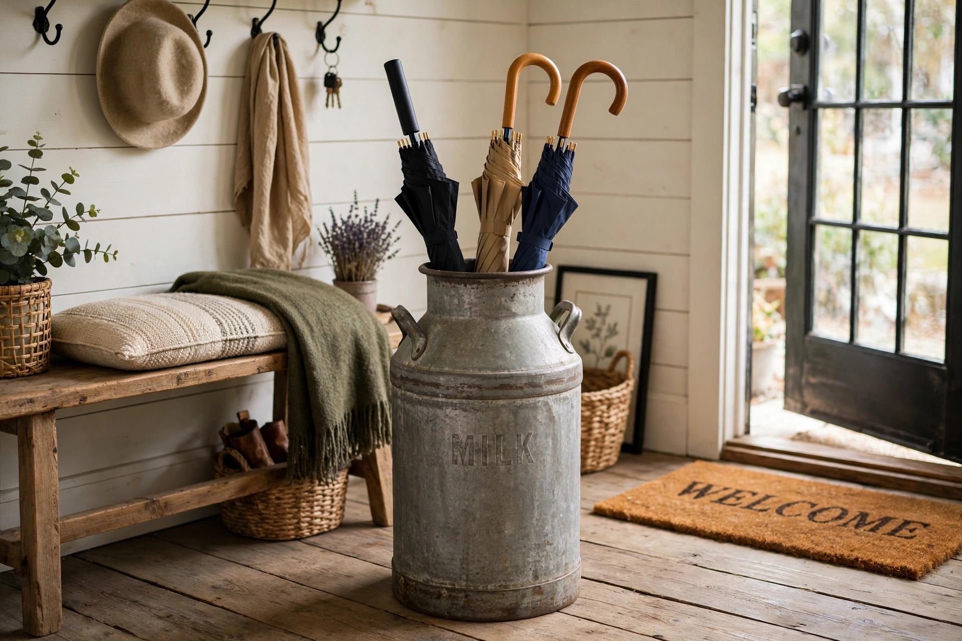 Vintage milk can repurposed as an umbrella stand in a farmhouse entry