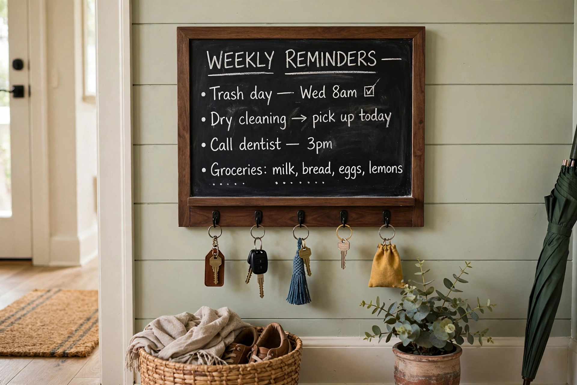 Chalkboard key organizer with hooks and handwritten reminders