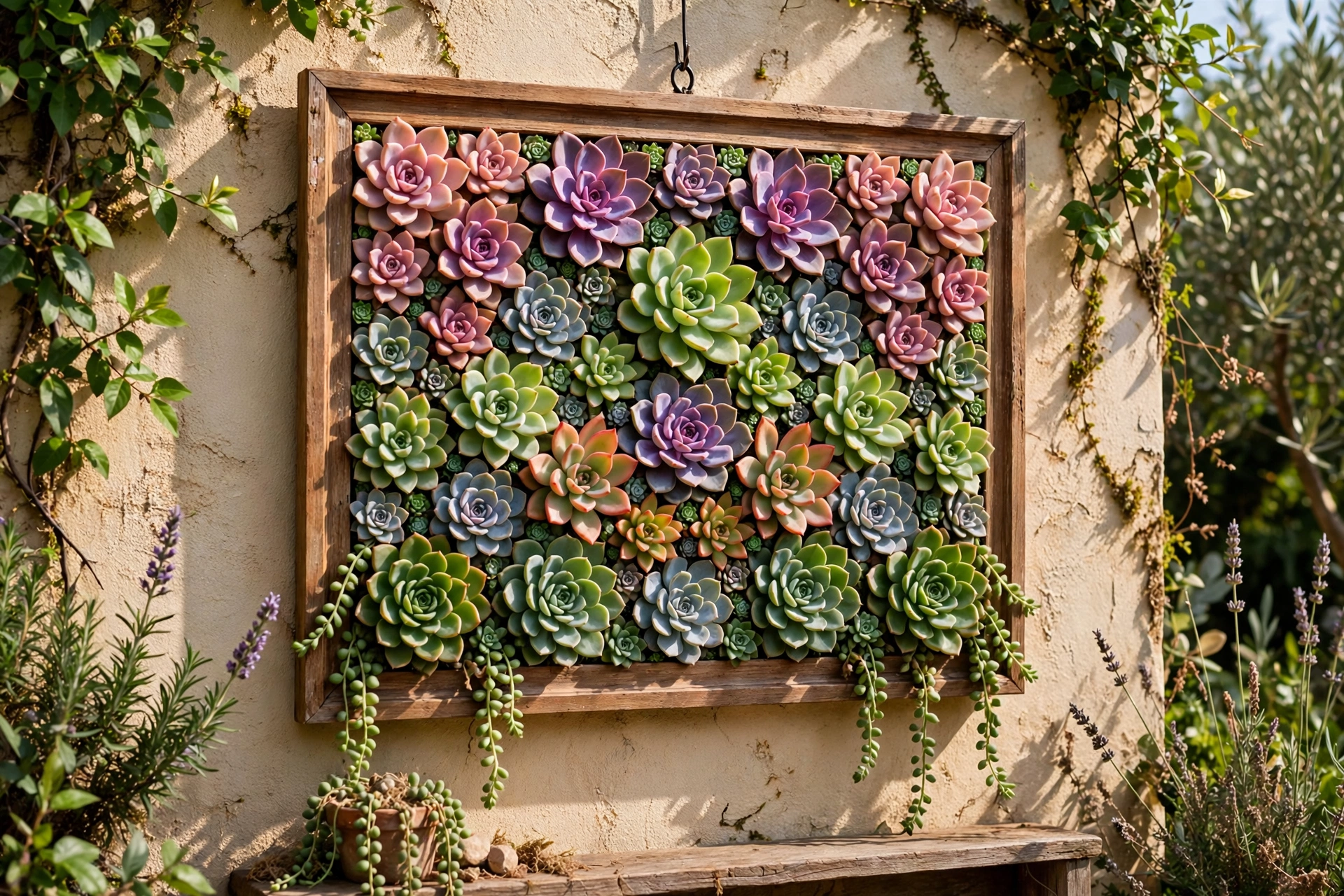 Framed living succulent mosaic art hanging on a sunny garden wall