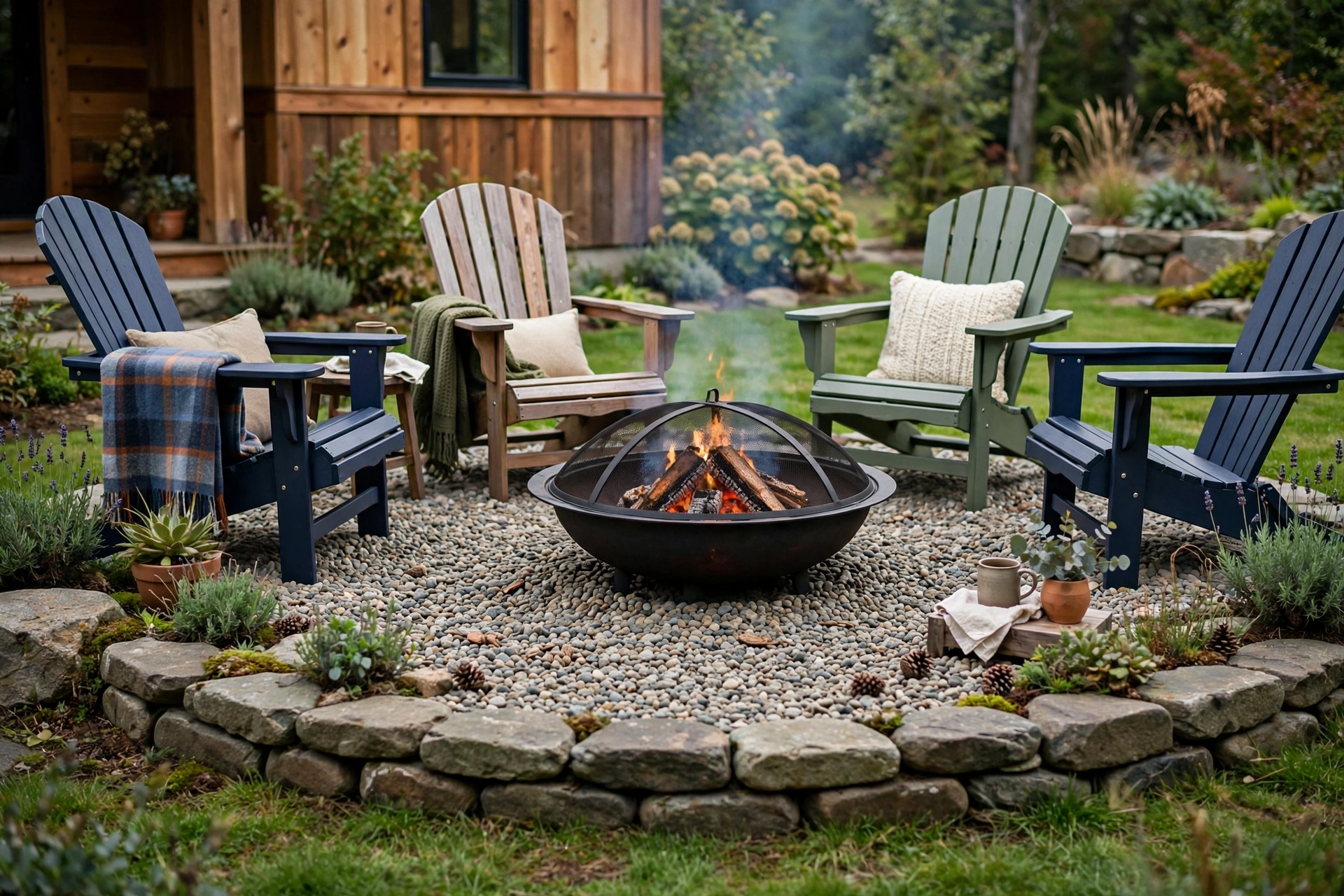 Round pea gravel fire pit pad edged with stone and Adirondack chairs