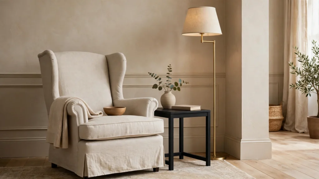 Wingback chair in oatmeal linen beside a matte black modern side table