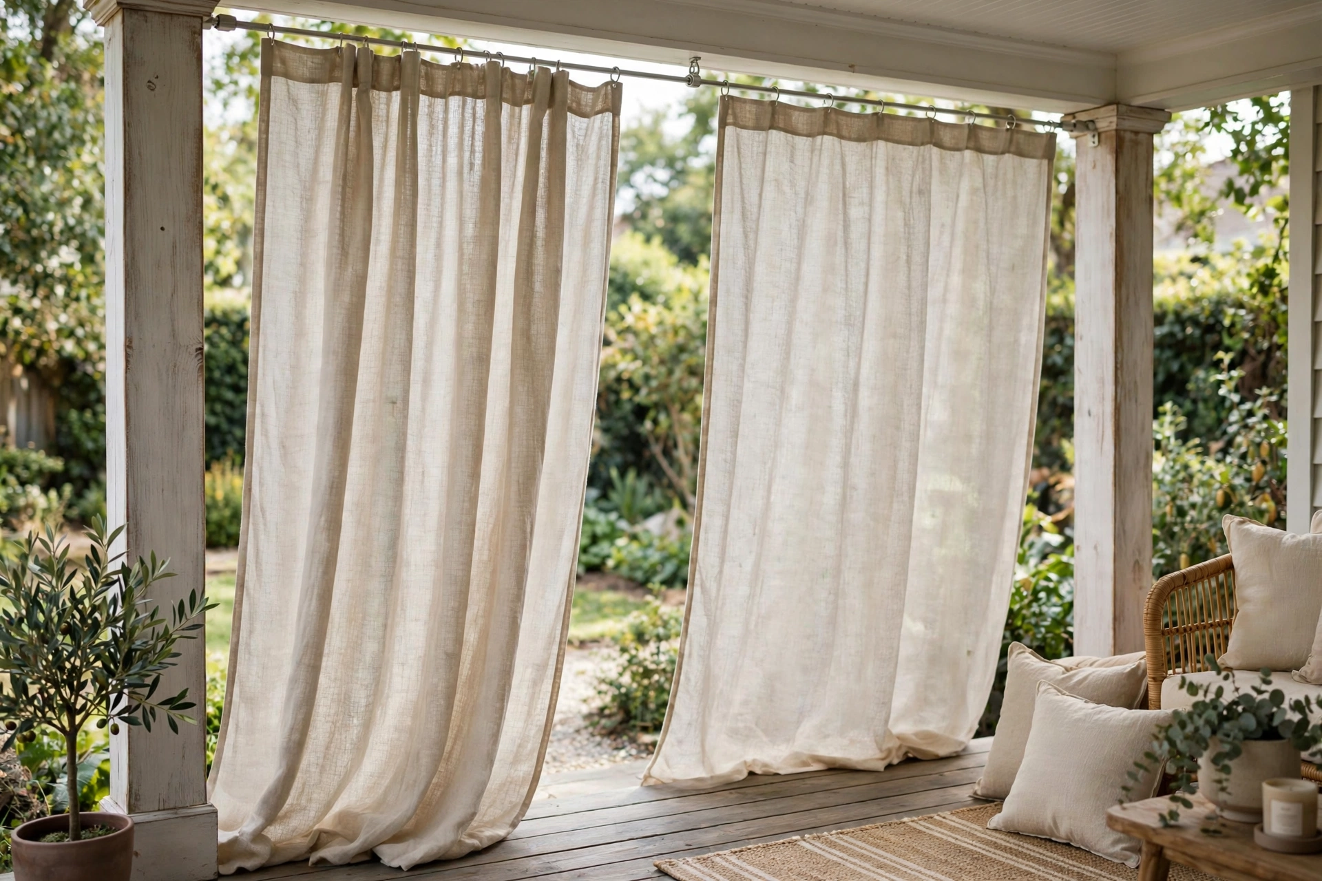 Tension rod with light curtains hung between porch posts no drilling