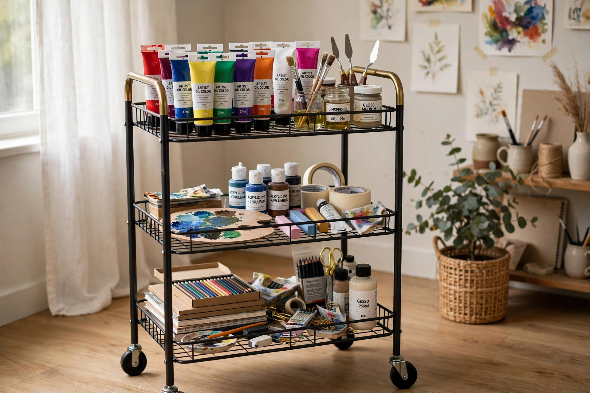 Three tier rolling cart stocked with paint tubes and art mediums