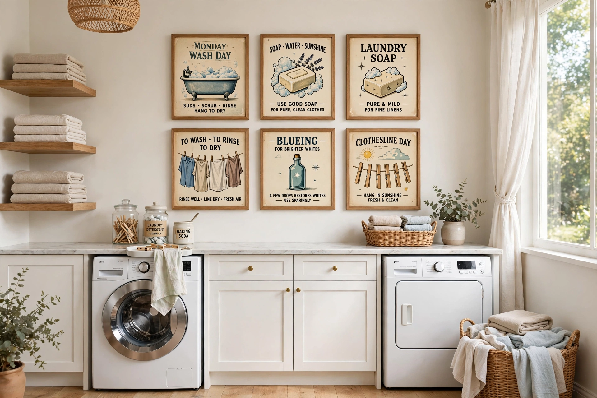 Gallery wall of framed vintage laundry prints in a bright laundry room