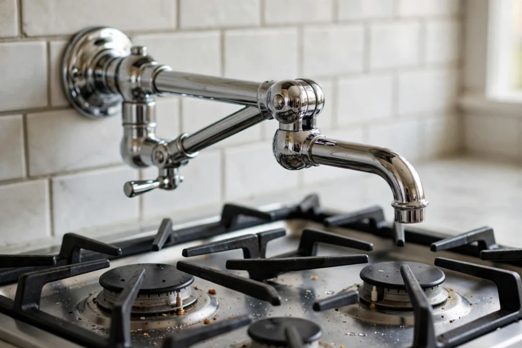 Close-up of a double-joint articulating pot filler arm swung out over front burners