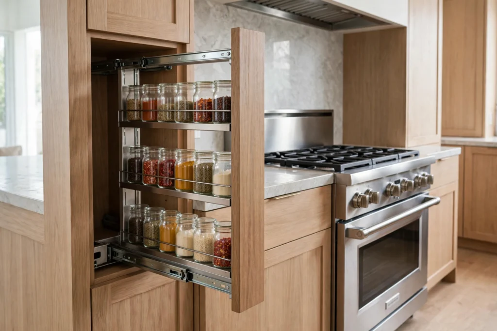 Narrow pull-out spice organizer gliding out from beside a kitchen range