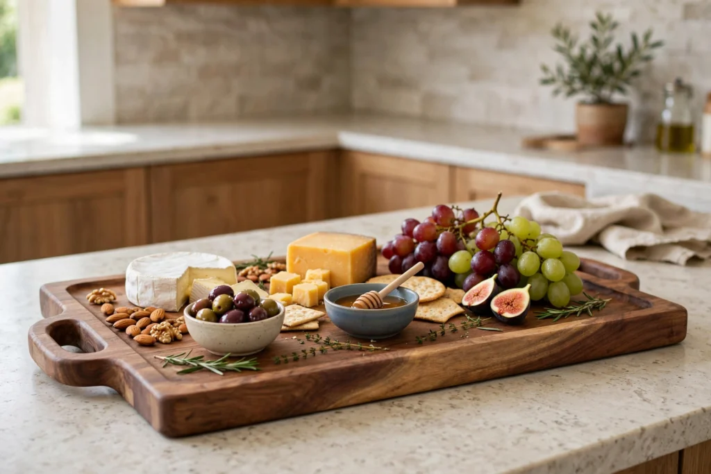Large wooden cutting board styled as a serving tray with cheese and bowls