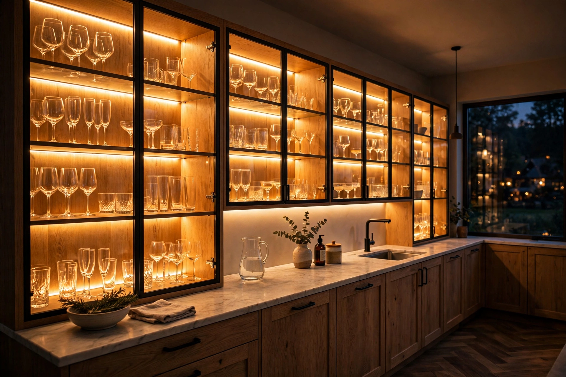 Warm LED-lit glass cabinets making glassware glow in an evening kitchen