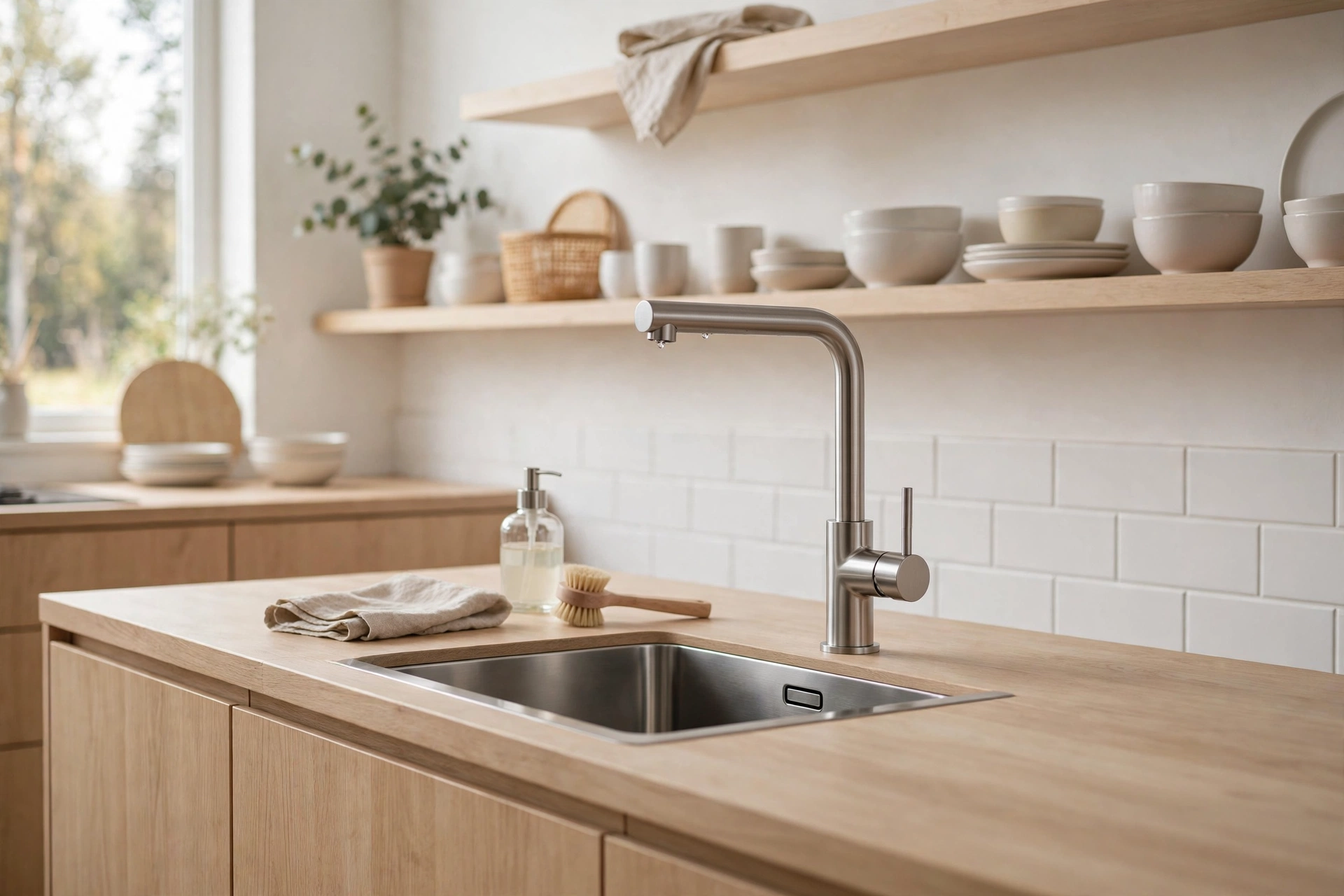 Sleek single-handle faucet with minimalist profile in a Scandinavian kitchen