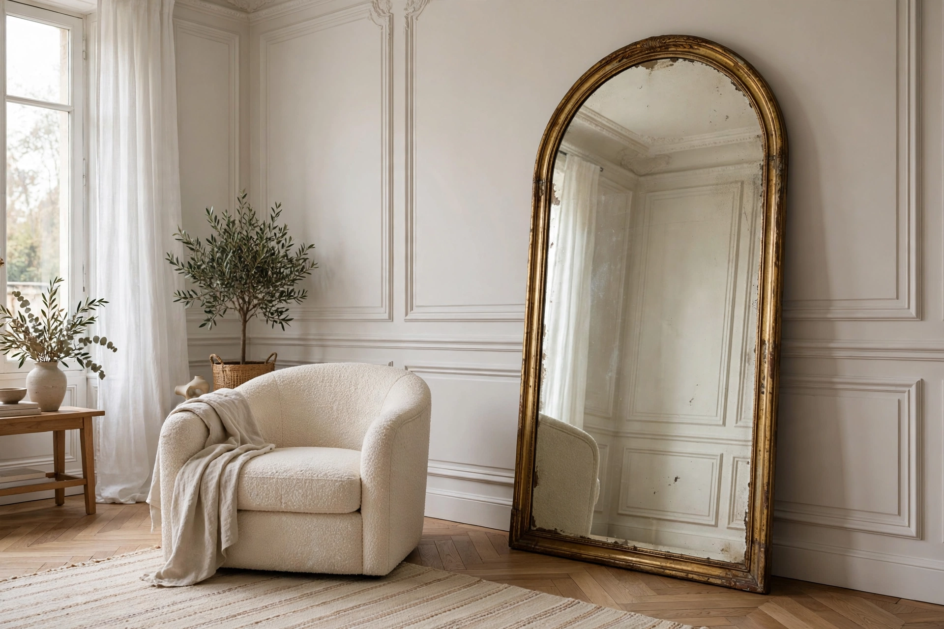 Embroidered Moroccan leather poufs in cognac tones on flatweave rug