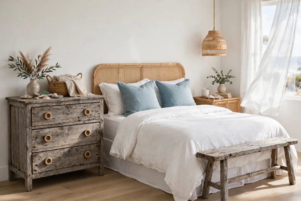 Coastal bedroom with weathered driftwood dresser and bench in sun-bleached wood tones
