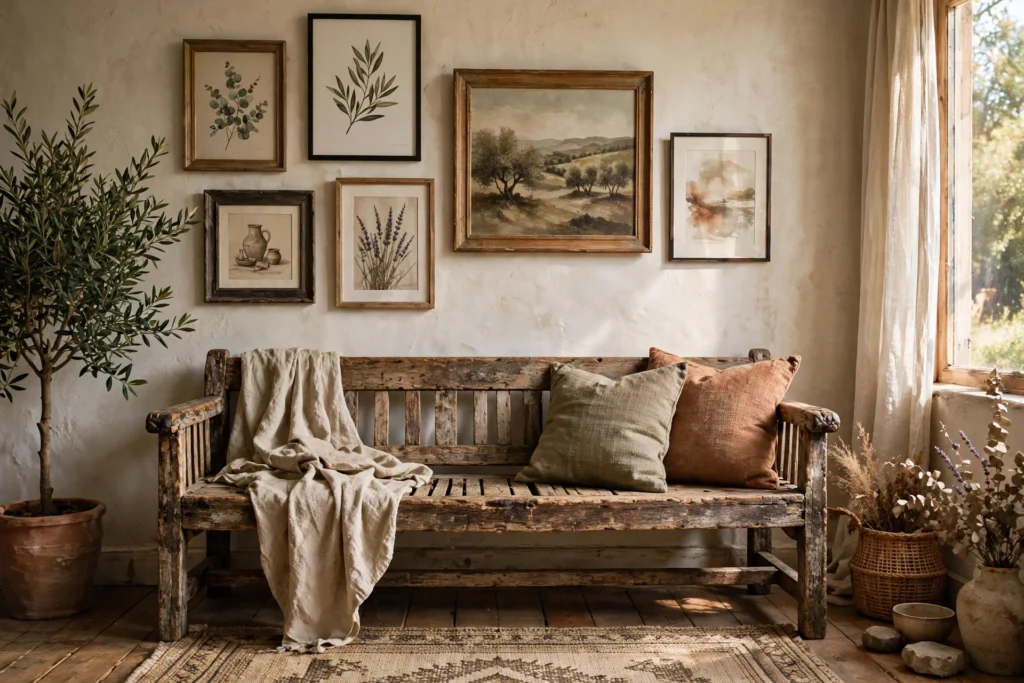 Timeworn vintage wooden bench under gallery art wall