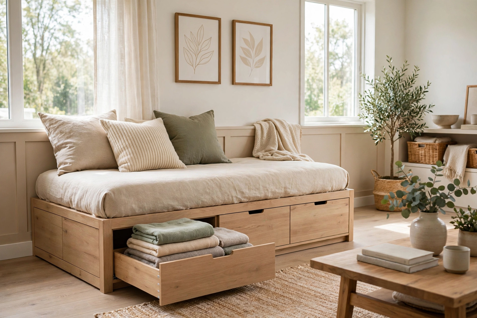 Daybed with built in storage drawers open showing folded blankets