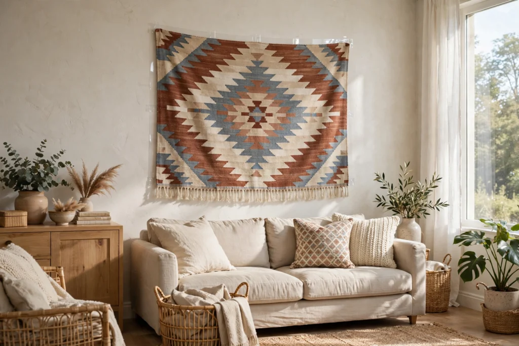 Patterned throw blanket hung on wall with adhesive strips