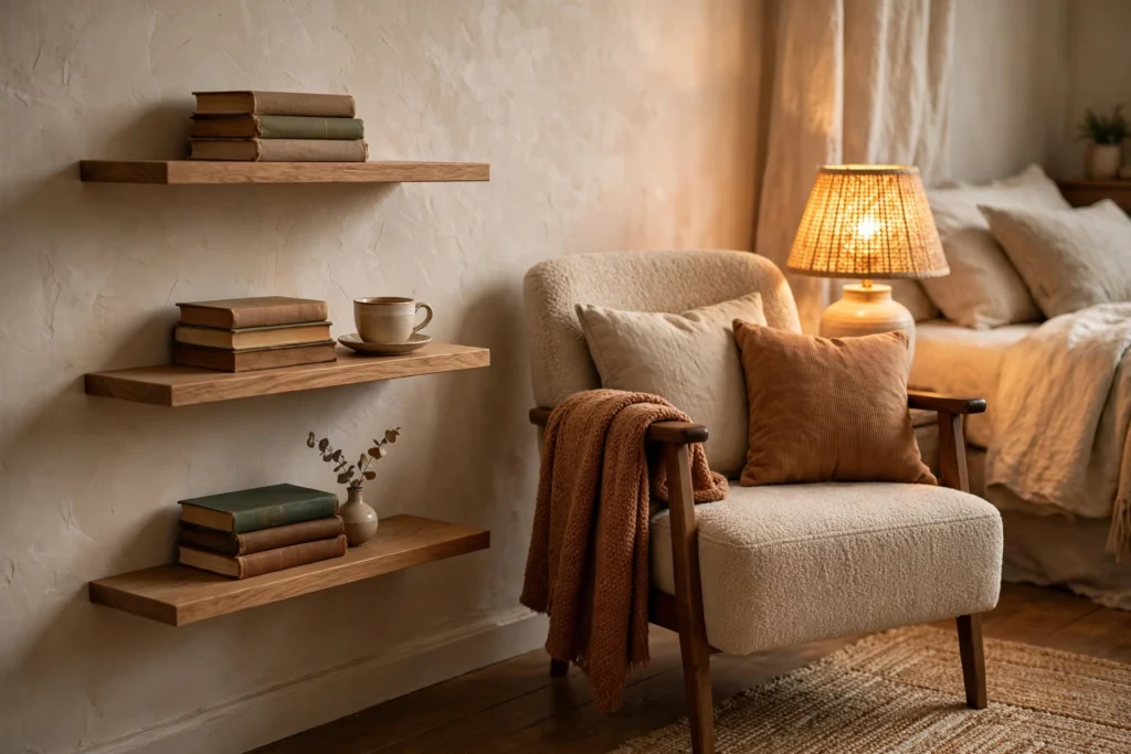 Floating shelves beside a reading chair holding books and a tea cup