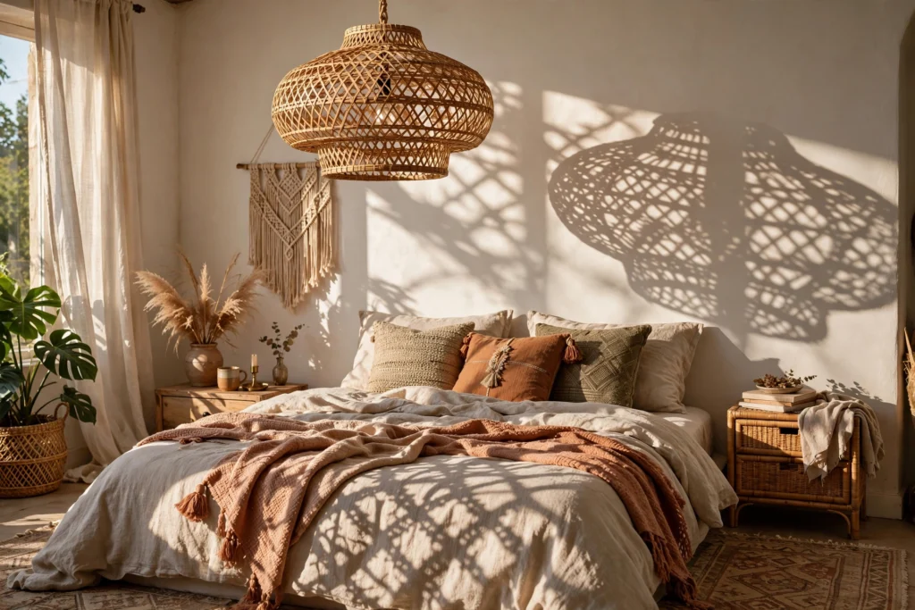 Woven rattan chandelier casting patterned shadows in a boho bedroom