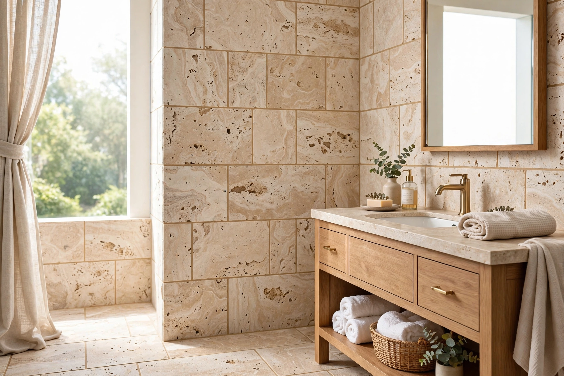 Natural travertine bathroom tiles with warm beige grout lines