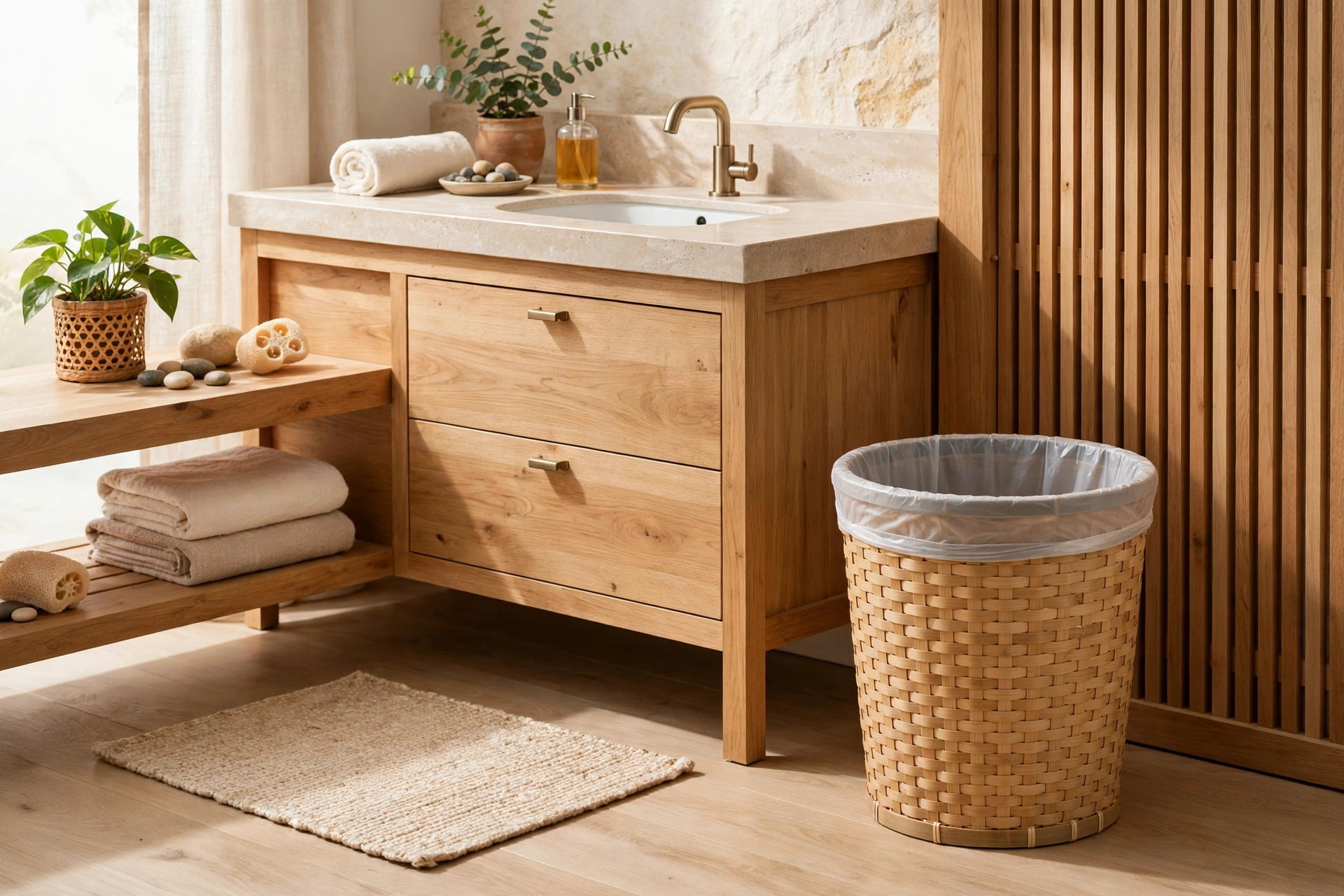 Round bamboo bathroom wastebasket with liner inside a spa-style wood vanity bath