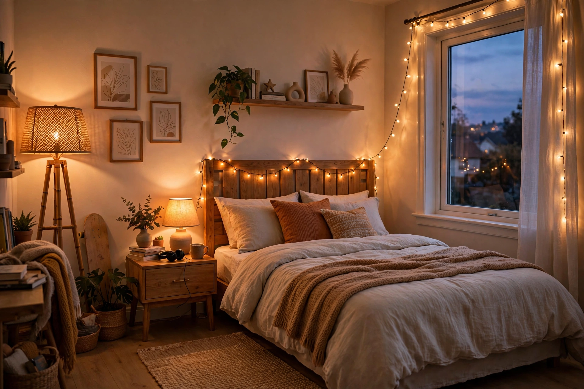 Cozy teen bedroom at dusk with string lights along the headboard, table lamp and floor lamp