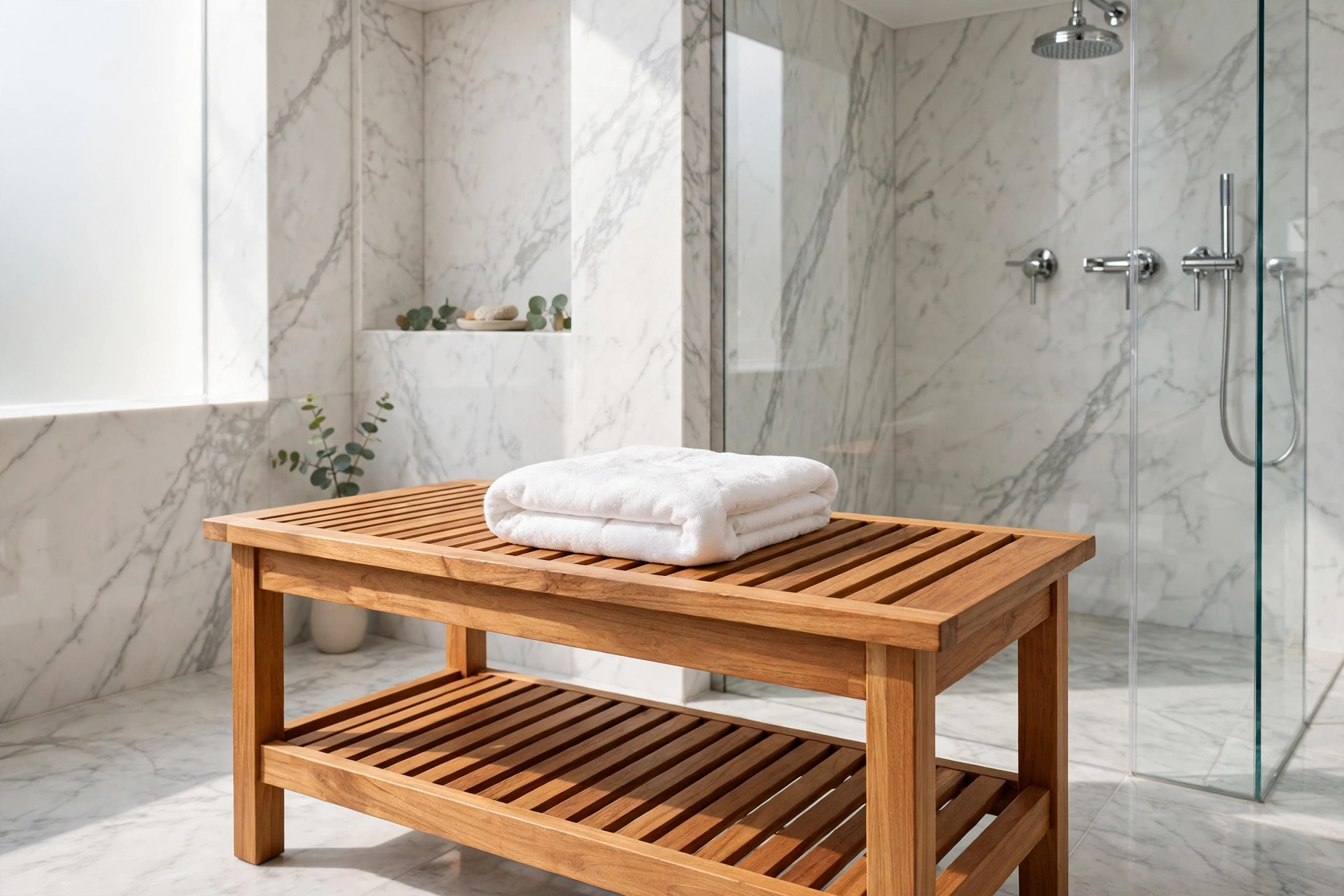 Freestanding teak shower bench with towel on top in a marble shower