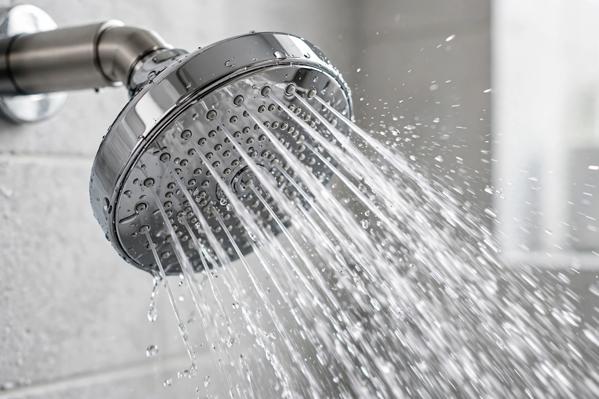High-pressure chrome shower head with precision nozzles spraying strong jets