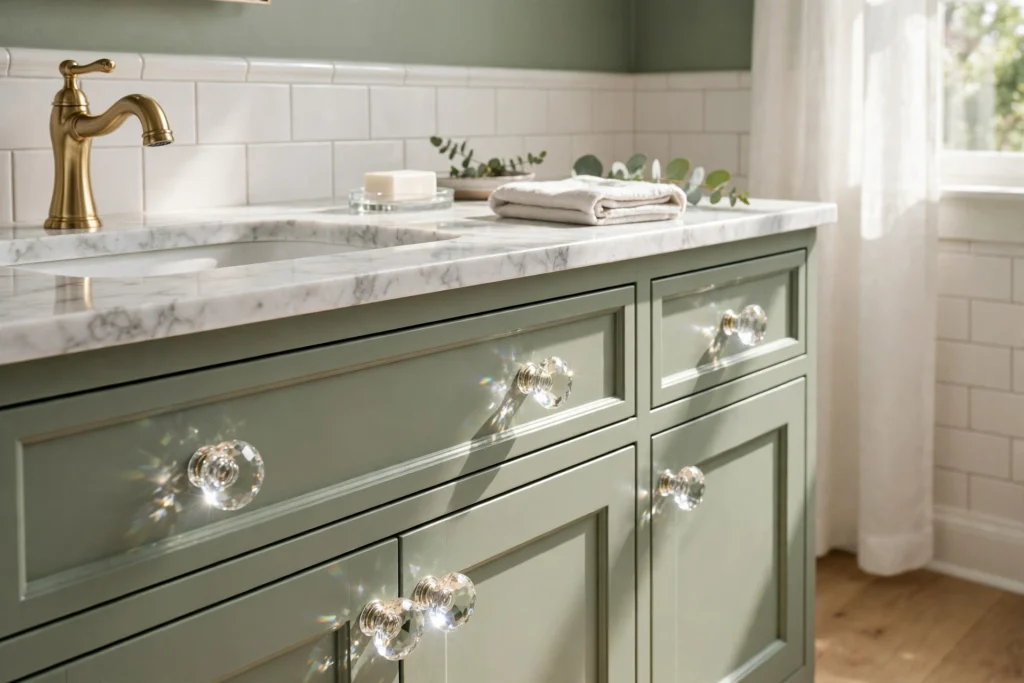 Clear glass knobs catching light on a sage green painted bathroom vanity