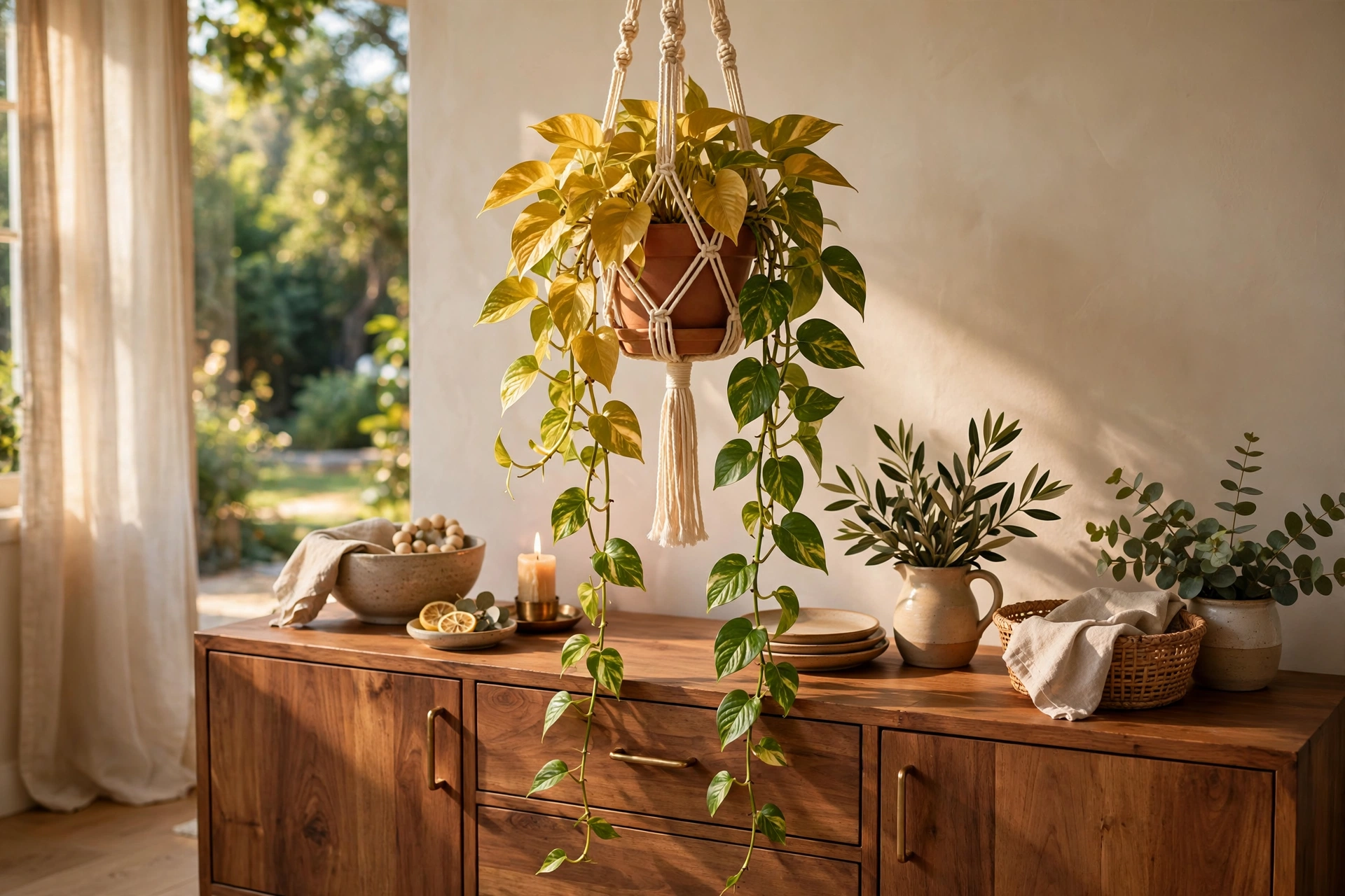 Trailing golden pothos plant in a macrame hanger above a wooden dining sideboard