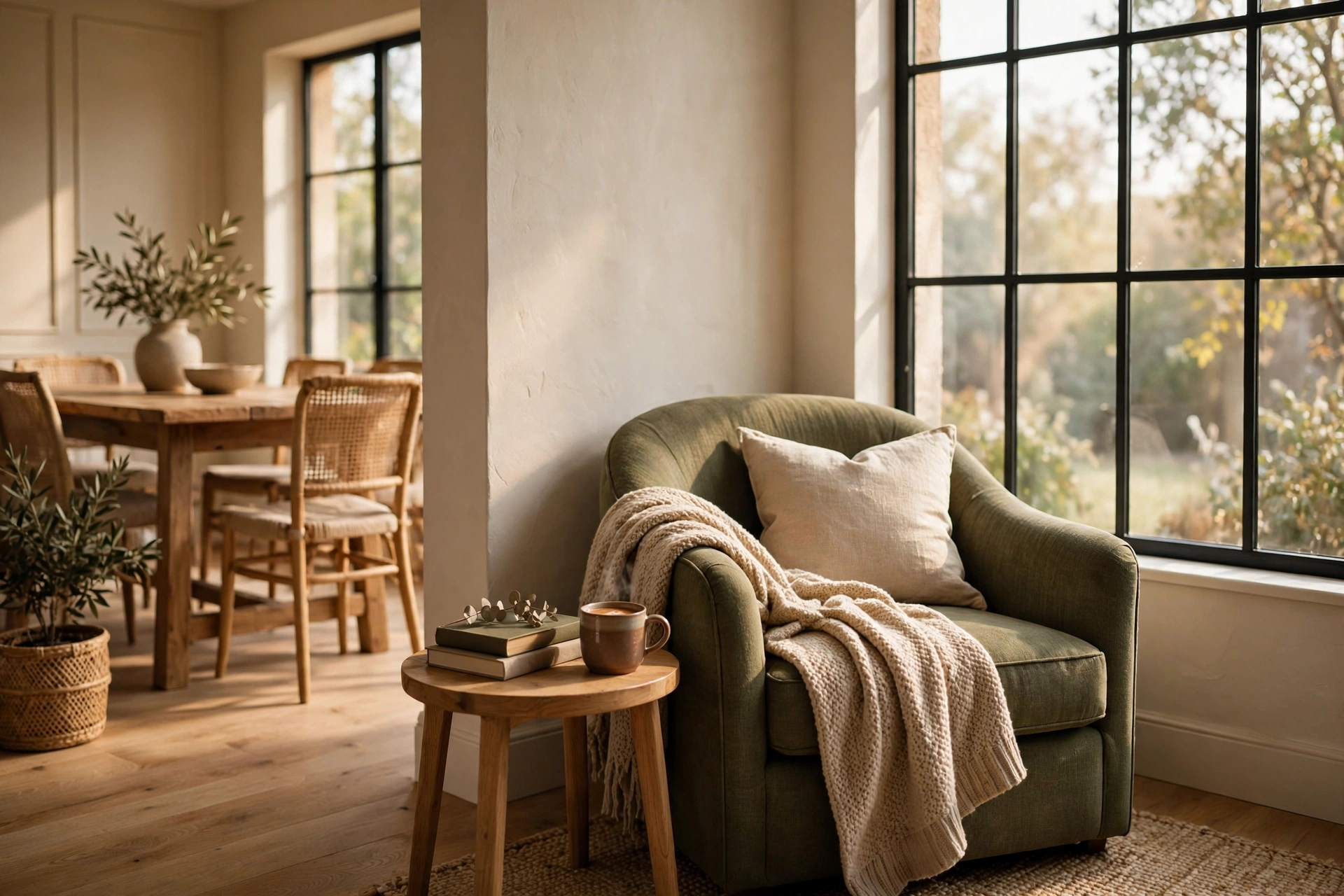 Cozy corner reading nook with armchair, side table, and throw beside dining window