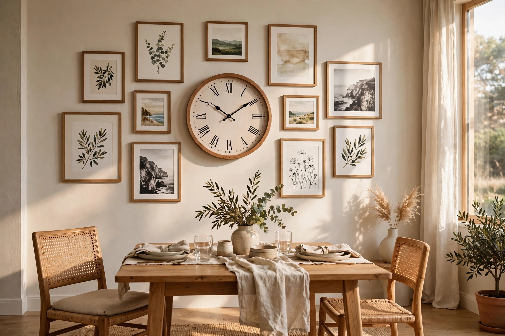 Round wall clock anchoring a gallery wall of framed art in a dining room