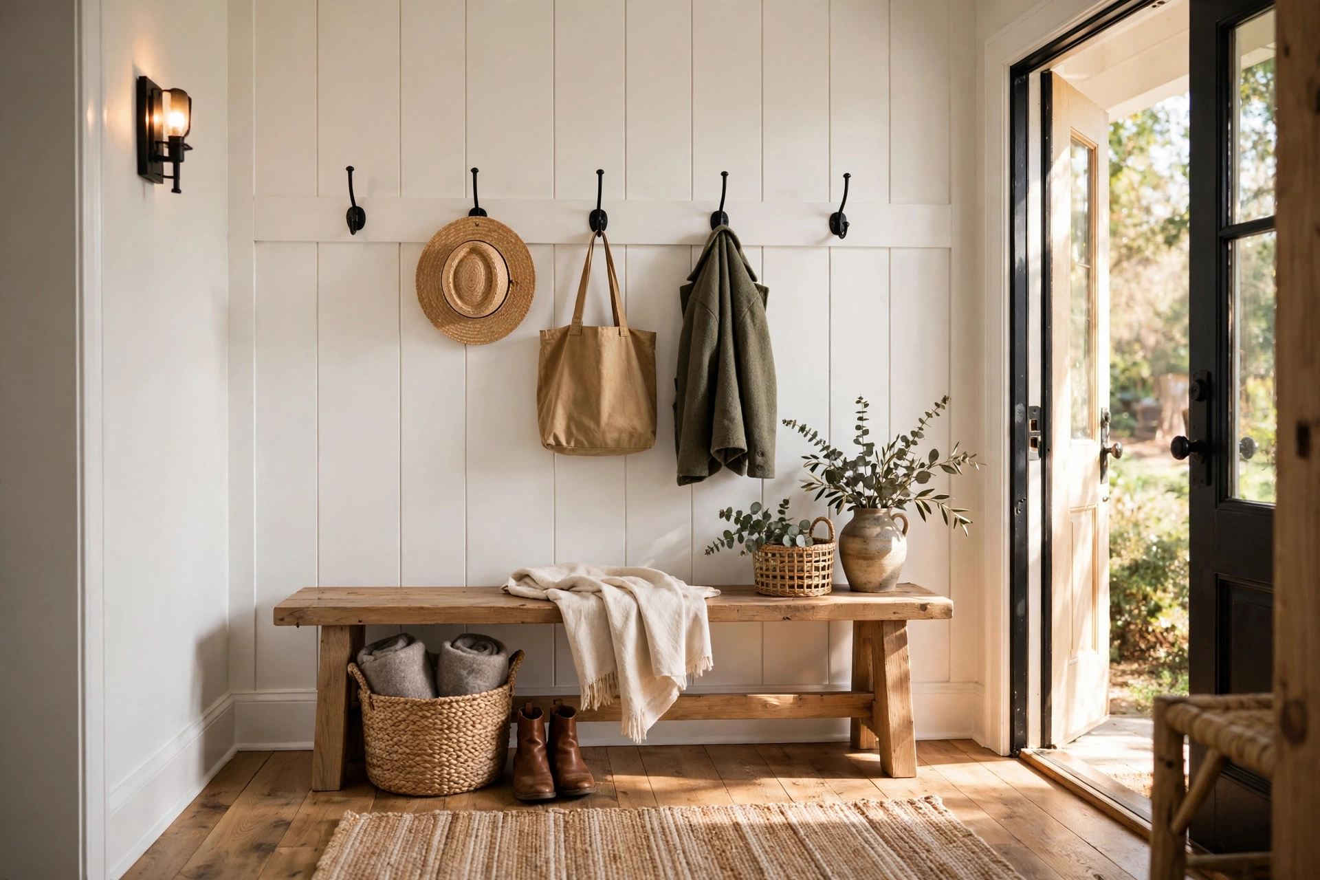 White board and batten accent wall in a farmhouse entryway with coat hooks