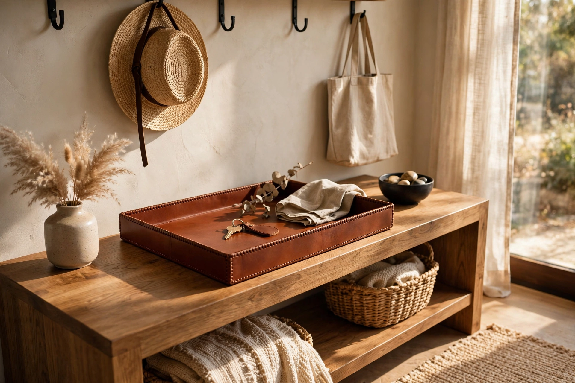 Cognac leather tray with stitched edges on a wooden entryway console
