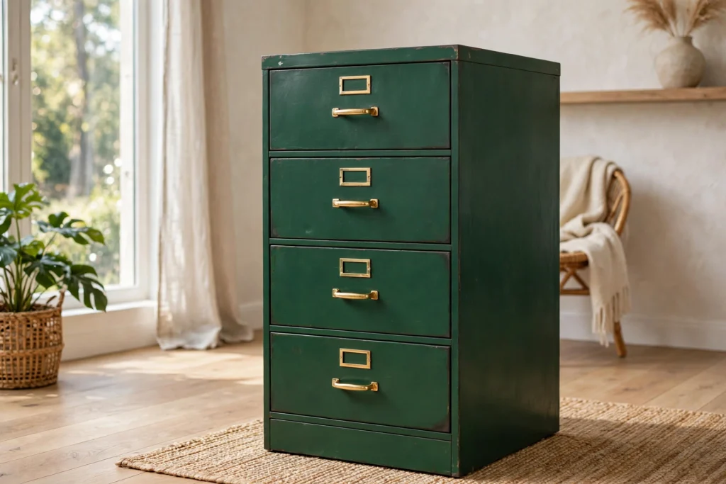 Thrifted metal filing cabinet painted deep green with new brass hardware