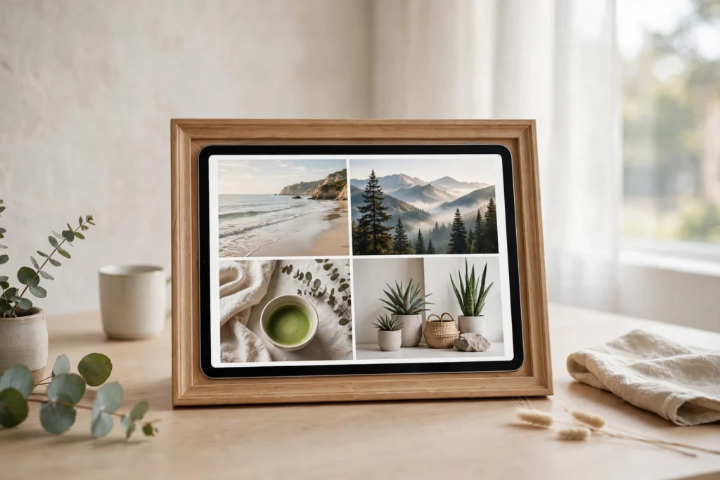 Tablet in a picture frame displaying a digital vision board slideshow on a minimalist desk