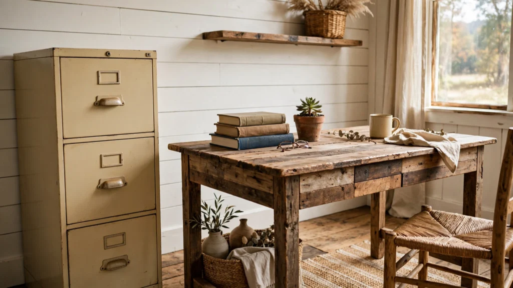 Vintage metal filing cabinet painted cream in a farmhouse office